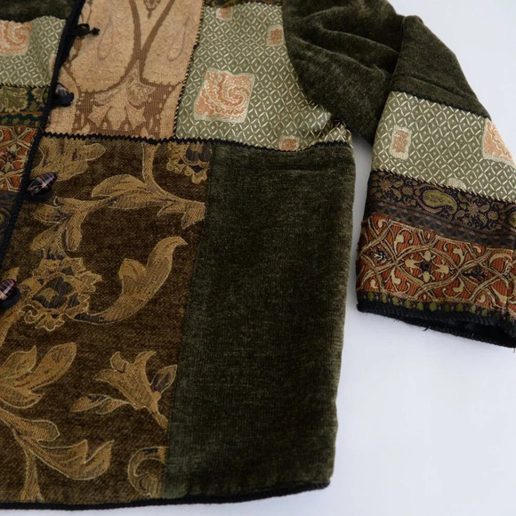 Vintage Allure Olive Green Brown Patchwork Tapestry Button Up Jacket M - Picture 6 of 11